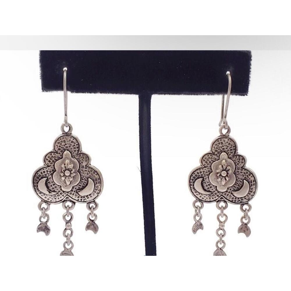 925 Silver Asian Style Signed Dangle Design Earrings W/ Floral Crescent Moons
